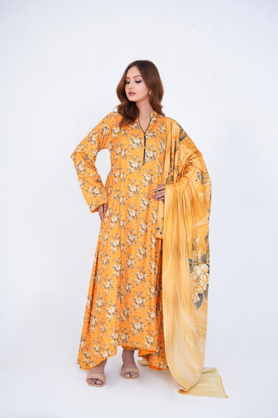 3 Pc Floral Printed Winter Linen Frock With Linen Dupatta D-311