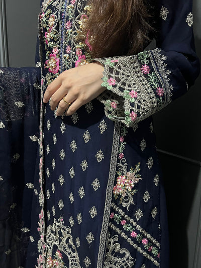 Blue 3Pc Plazzo Embroidered Chiffon Collection With Embroidered Chiffon Dupatta