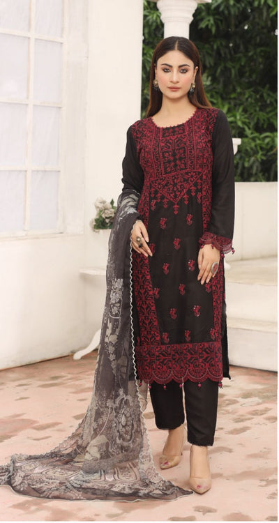 3-PIECE EMBROIDERED LINEN STITCHED SUIT WITH CHIFFON DUPTTA A-04