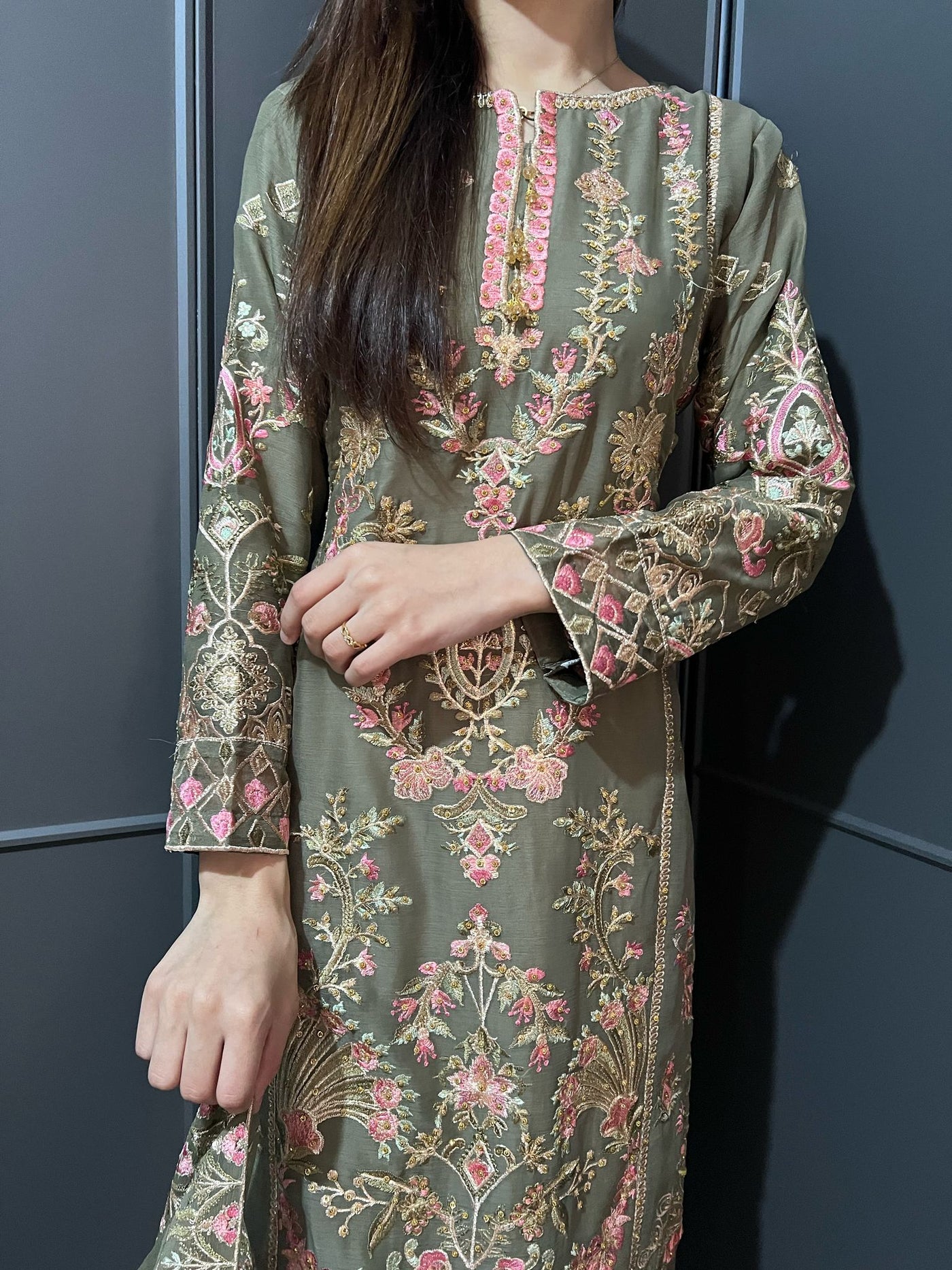 Olive Embroidered Chiffon Mother & Daughter Ready to Wear Collection - Perfect for Family Outfits