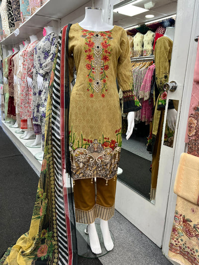 3Pc Lawn Designer Embroidered With Chiffon Dupatta D-746