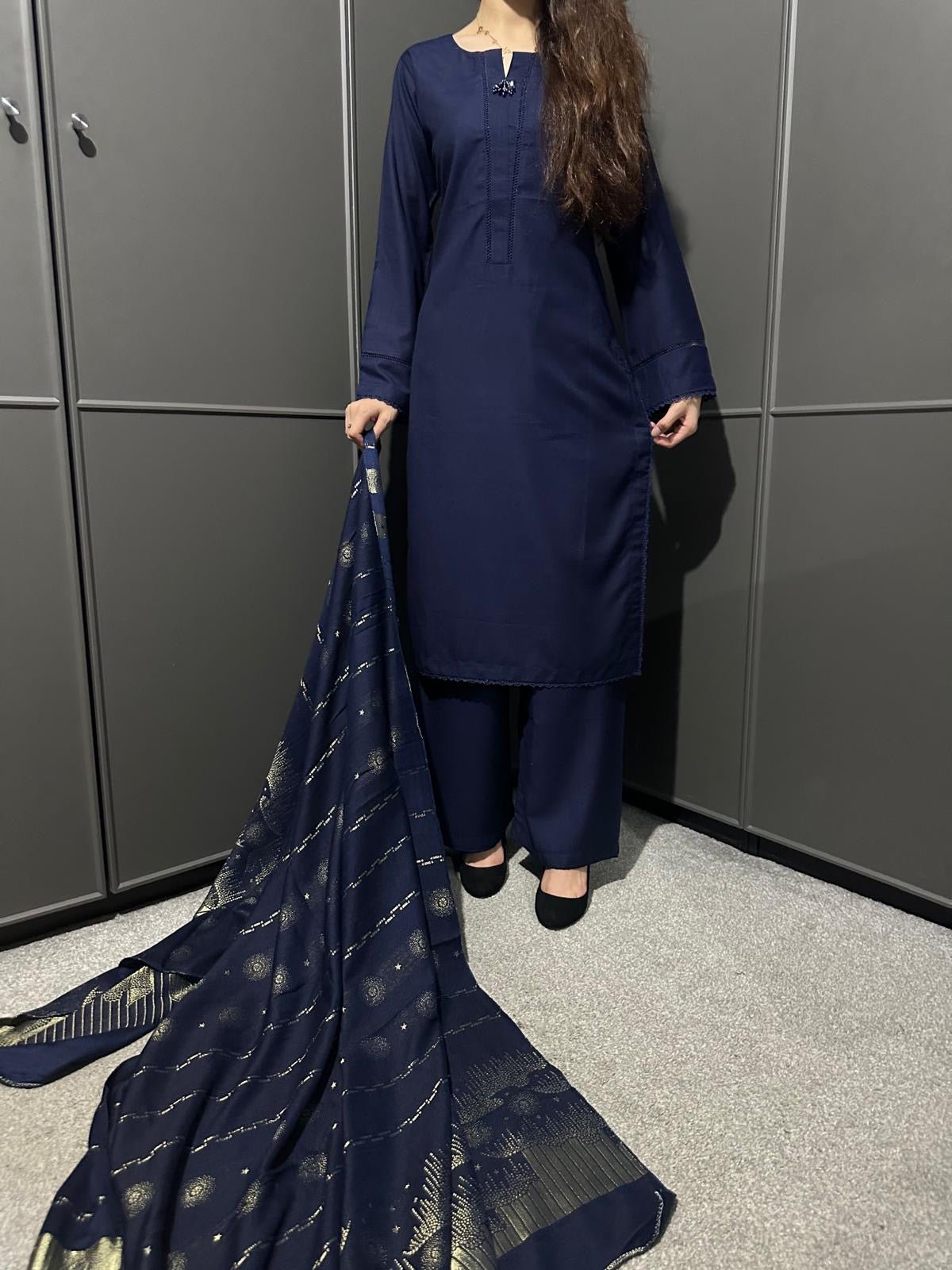 BLUE  3 PIECE PLAIN | DHANAK READY TO WEAR | SUIT WITH SHAWAL