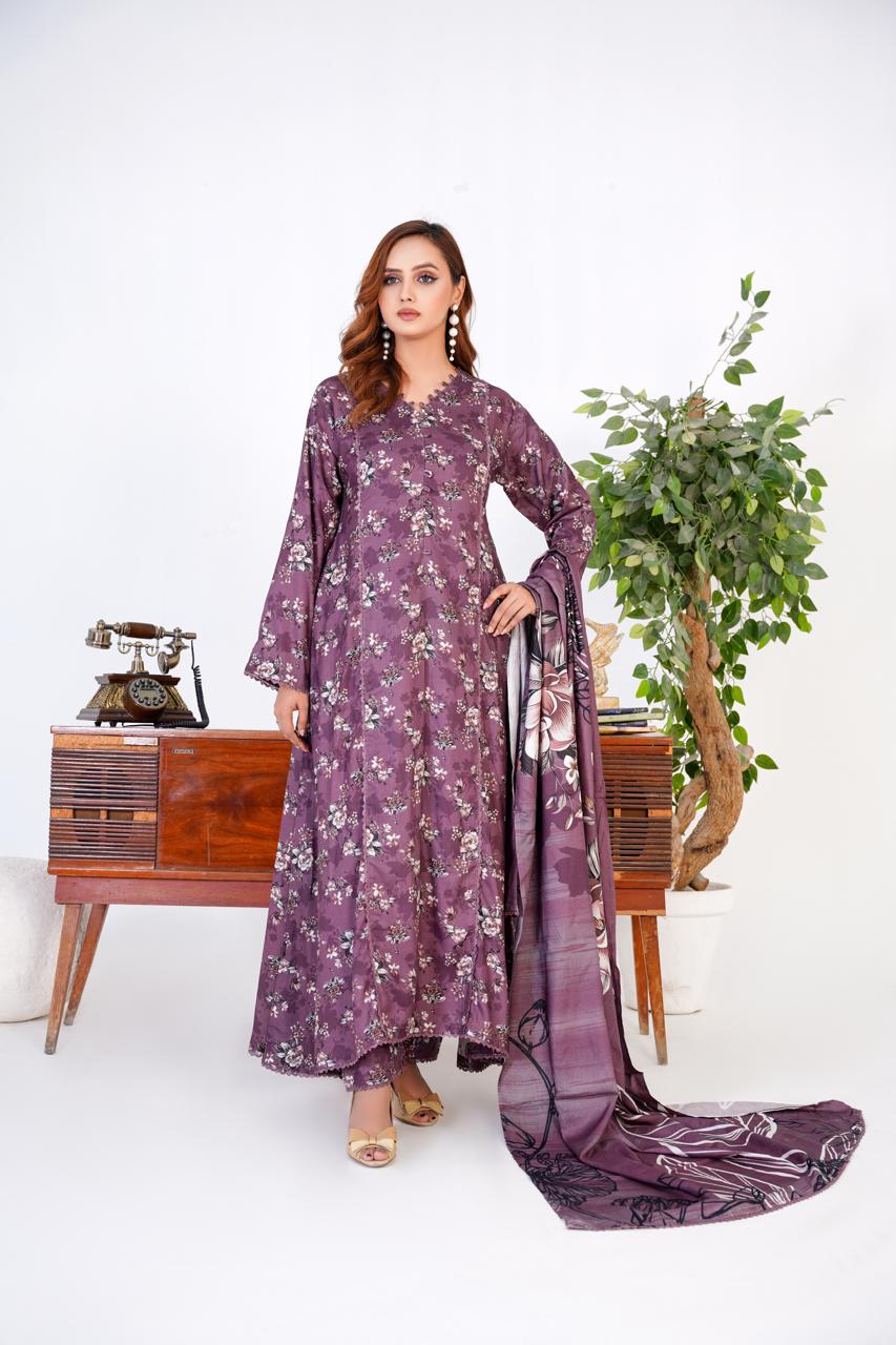 3 Pc Floral Printed Winter Linen Frock With Linen Dupatta D-601