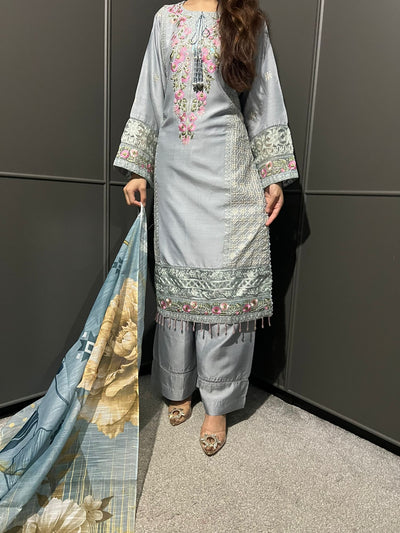 Gray - Viscose Embroidered Plazzo | Suit With Embroidered | Organza Dupatta