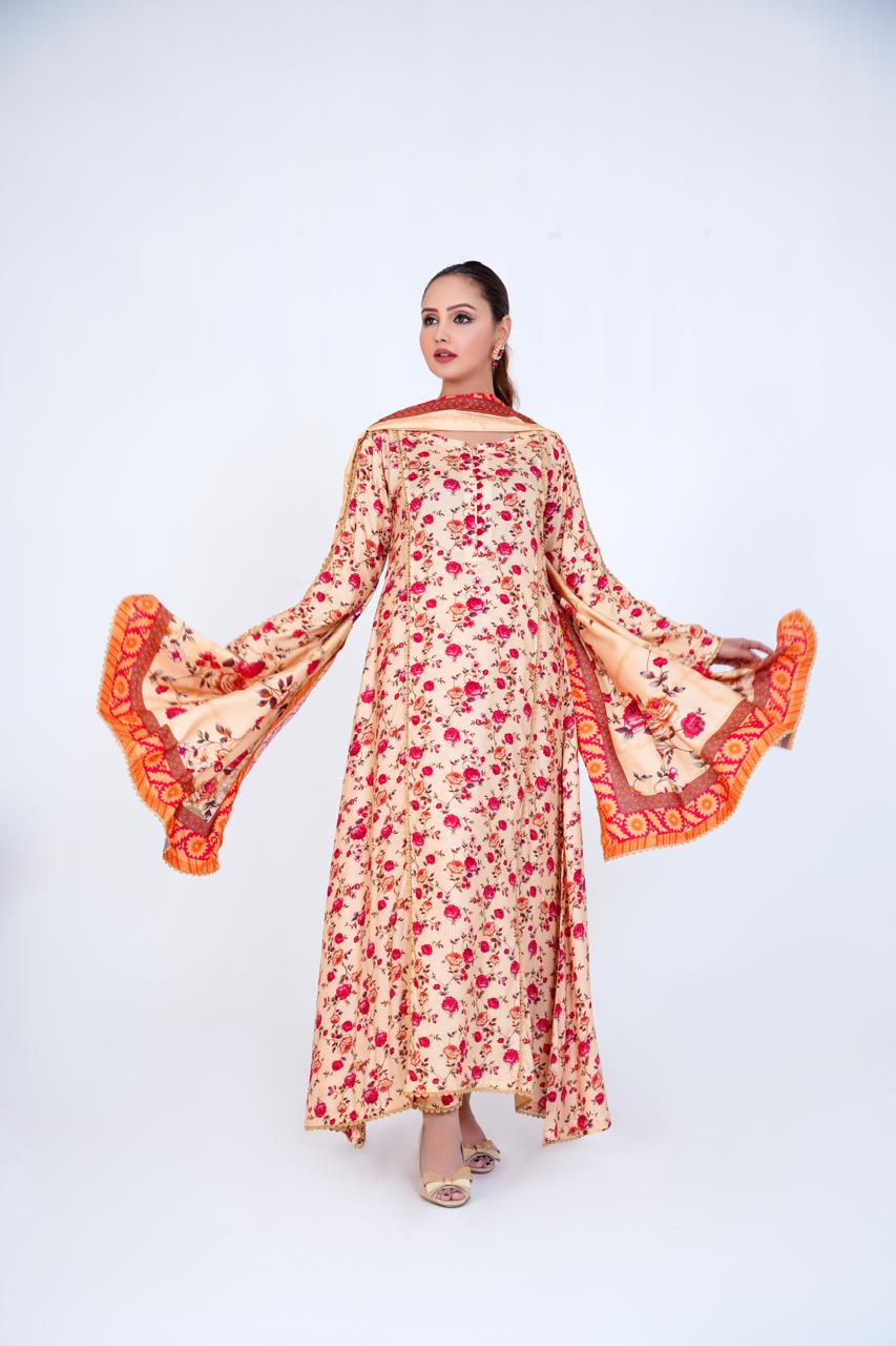 3 Pc Floral Printed Winter Linen Frock With Linen Dupatta D-309