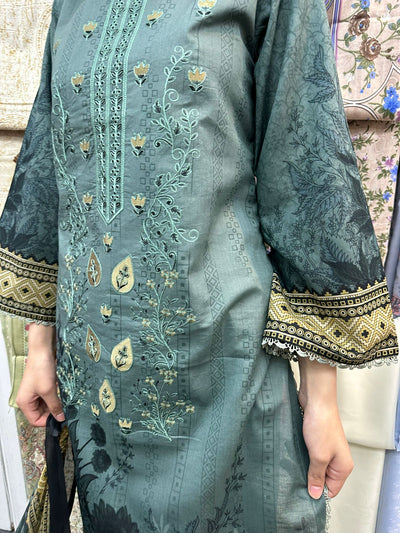 DESIGNER EMBROIDERED  FARSHI SALWAR  3PC READYMADE SUIT  WITH CHIFFON DUPTTA