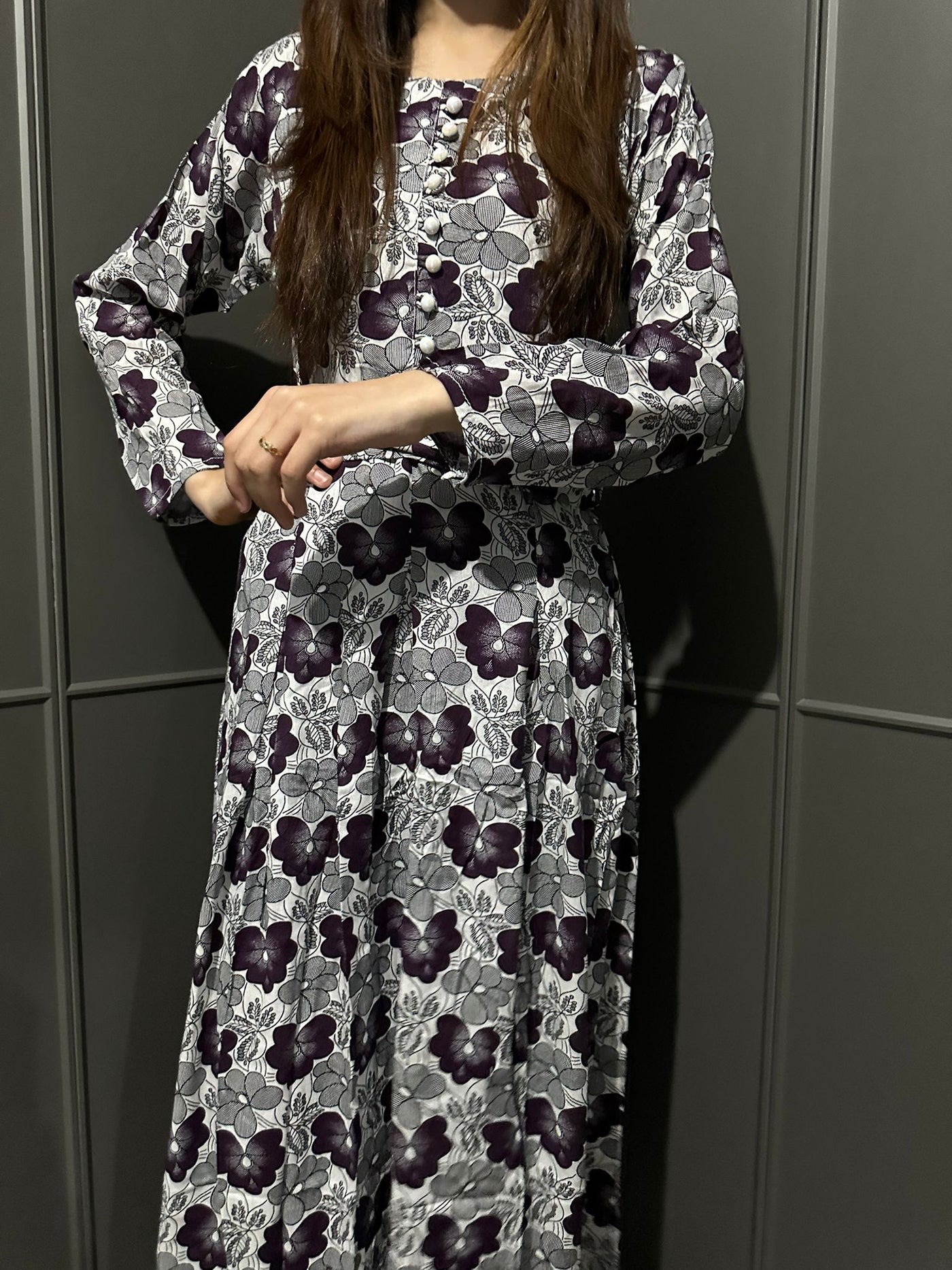 D-6 White&Plum Printed Long Dress in Linen Martial Fabric for Casual Wear - Womenswear