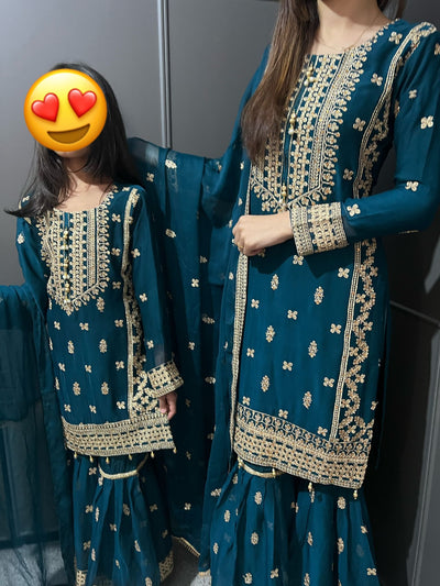 TEAL- Embroidered Gharara Chiffon Mother & Daughter Ready to Wear Collection - Perfect for Family