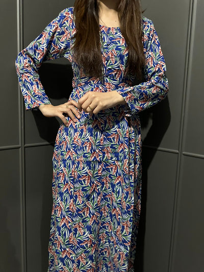 D-13 Blue&Green Printed Long Dress in Linen Martial Fabric for Casual Wear - Womenswear