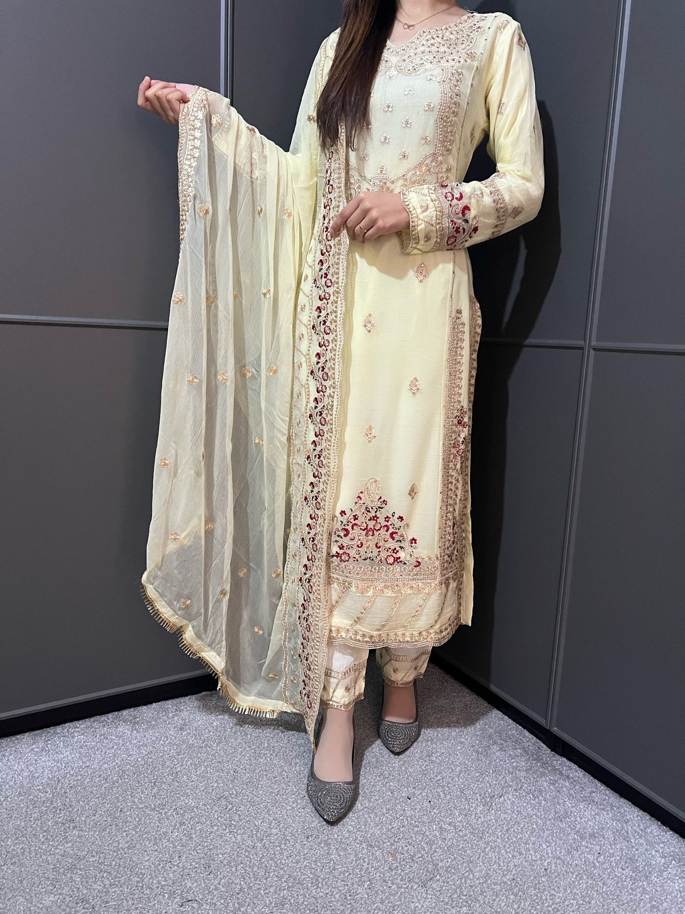 Yellow Embroidered Chiffon Mother & Daughter Ready to Wear Collection - Perfect for Family Outfits