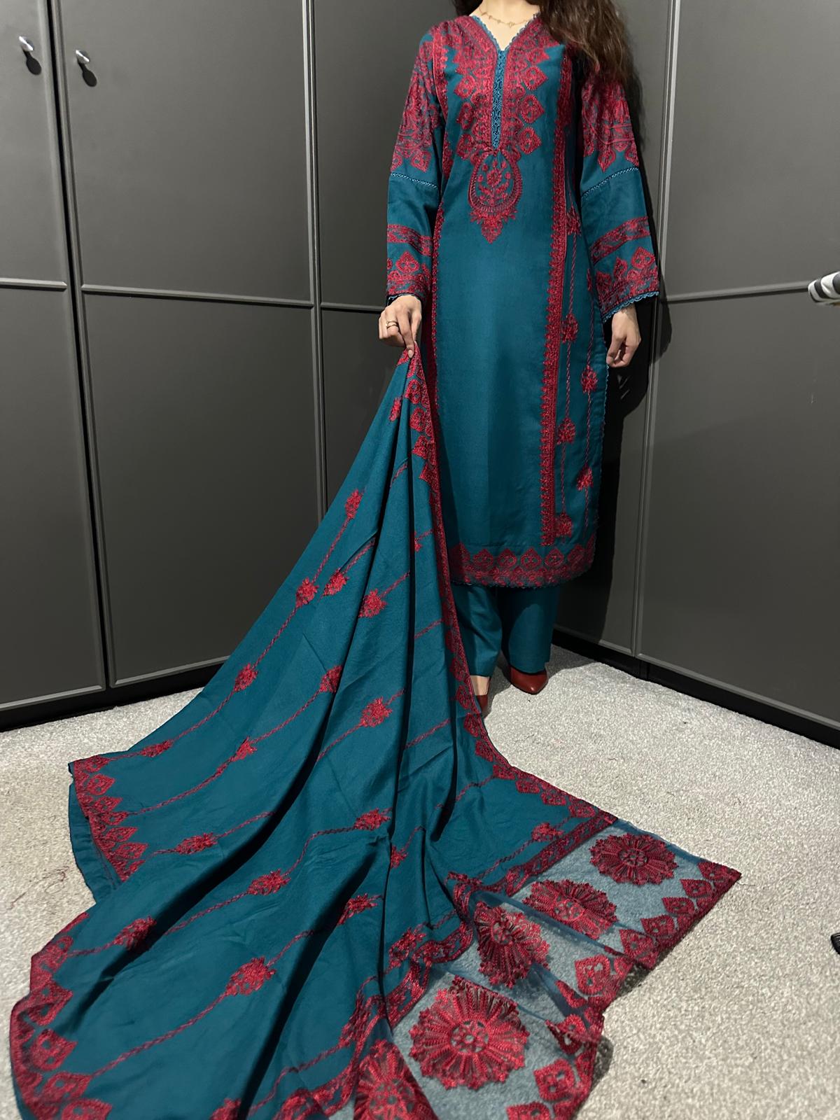 3 PIECE EMBROIDERED| DHANAK READY TO WEAR | SUIT WITH EMBROIDERED SHAWAL