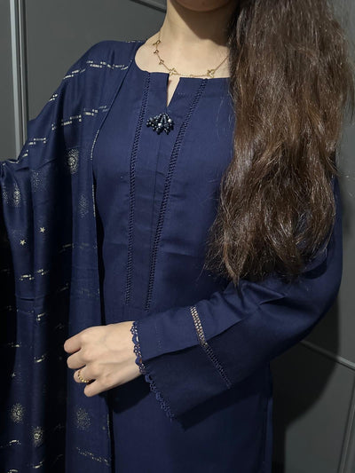 BLUE  3 PIECE PLAIN | DHANAK READY TO WEAR | SUIT WITH SHAWAL