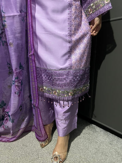 Lilac - Viscose Embroidered Plazzo | Suit With Embroidered | Organza Dupatta