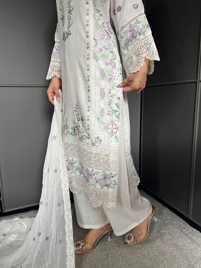 Off White - Viscose Embroidered Plazzo | Suit With Embroidered | Chiffon Dupatta