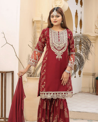 Embroidered Linen Sharara Suit With Chiffon Dupatta Maroon D-173