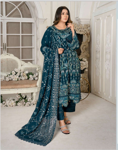 TEAL 3 PIECE EMBROIDERED FANCY CHIFFON OUTFIT D-1