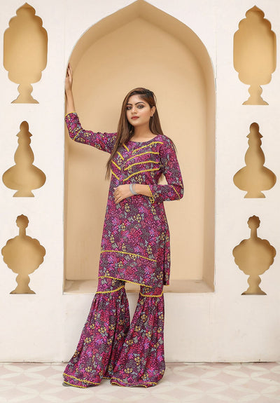 2Pc Floral Premium Printed Linen Sharara Style Suit D-166