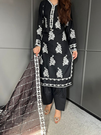 Black- FARSHI SHALWAR|Embroidered Linen 3 Piece |Outfit for Women - Asian Clothing
