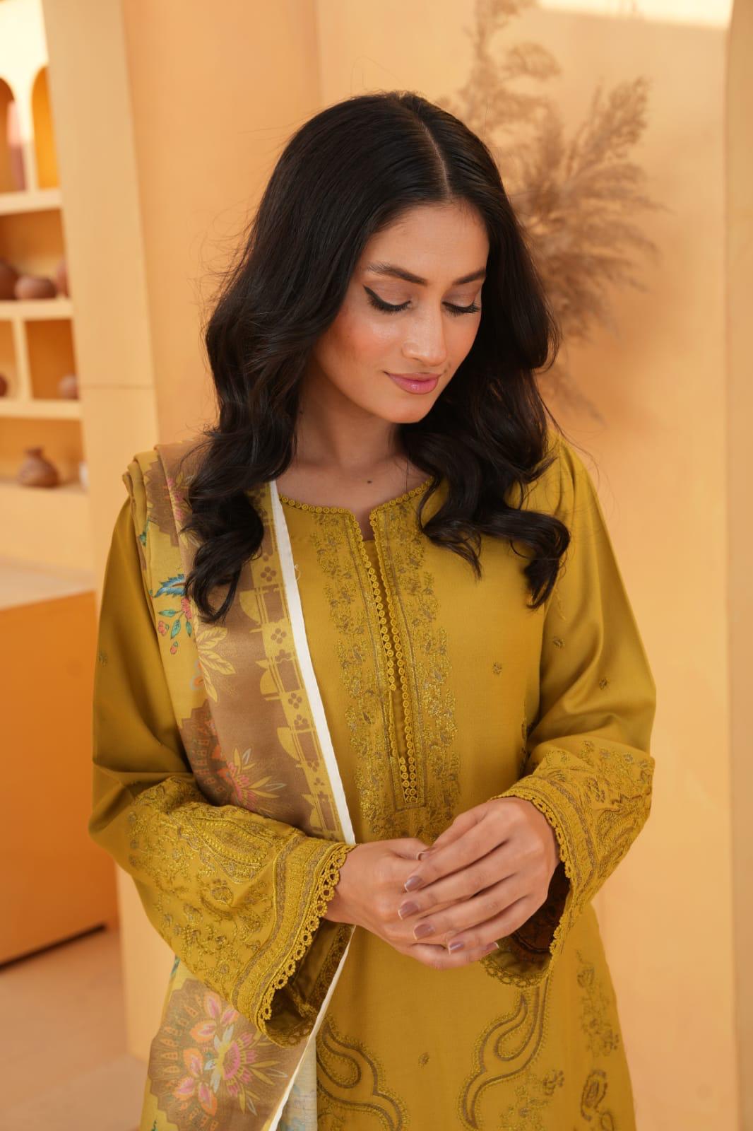 Yellow-3 PIECE EMBROIDERED DHANAK READY TO WEAR SUIT