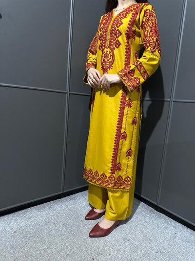 3 PIECE EMBROIDERED| DHANAK READY TO WEAR | SUIT WITH EMBROIDERED  SHAWAL