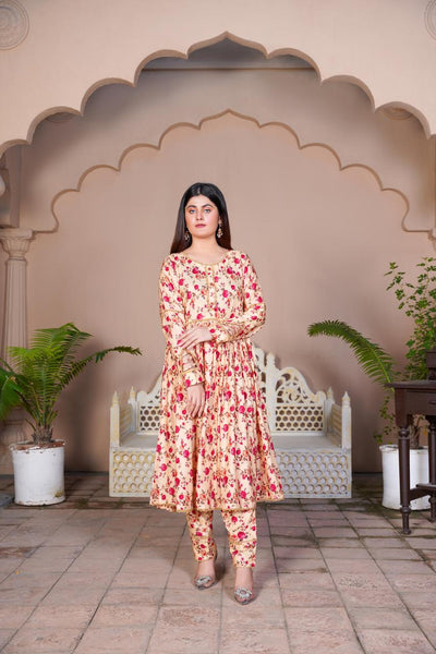 3 Pc Floral Printed Winter Linen Frock With Linen Dupatta D-209