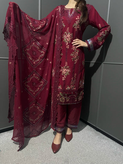 D-3 MAROON  3Pc Embroidered Chiffon Collection With Embroidered Chiffon Duptta