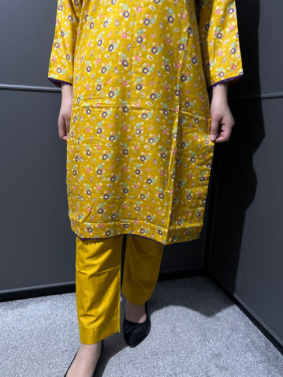 D-55 Mustard Printed 2 Piece Winter Dhanak Suit