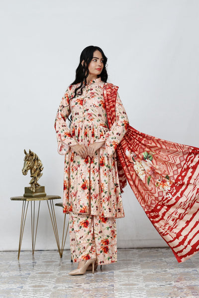 3 Pc Floral Printed Winter Linen Frock With Linen Dupatta D-703