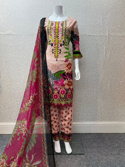 3Pc Lawn Designer Embroidered With Chiffon Dupatta D-739