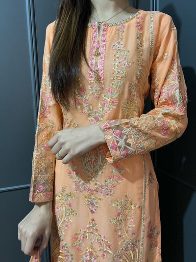 Peach Embroidered Chiffon Mother & Daughter Ready to Wear Collection - Perfect for Family Outfits