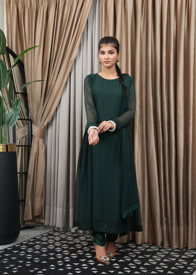 Green Readymade 3 Piece Plain Chiffon Maxi TS-821