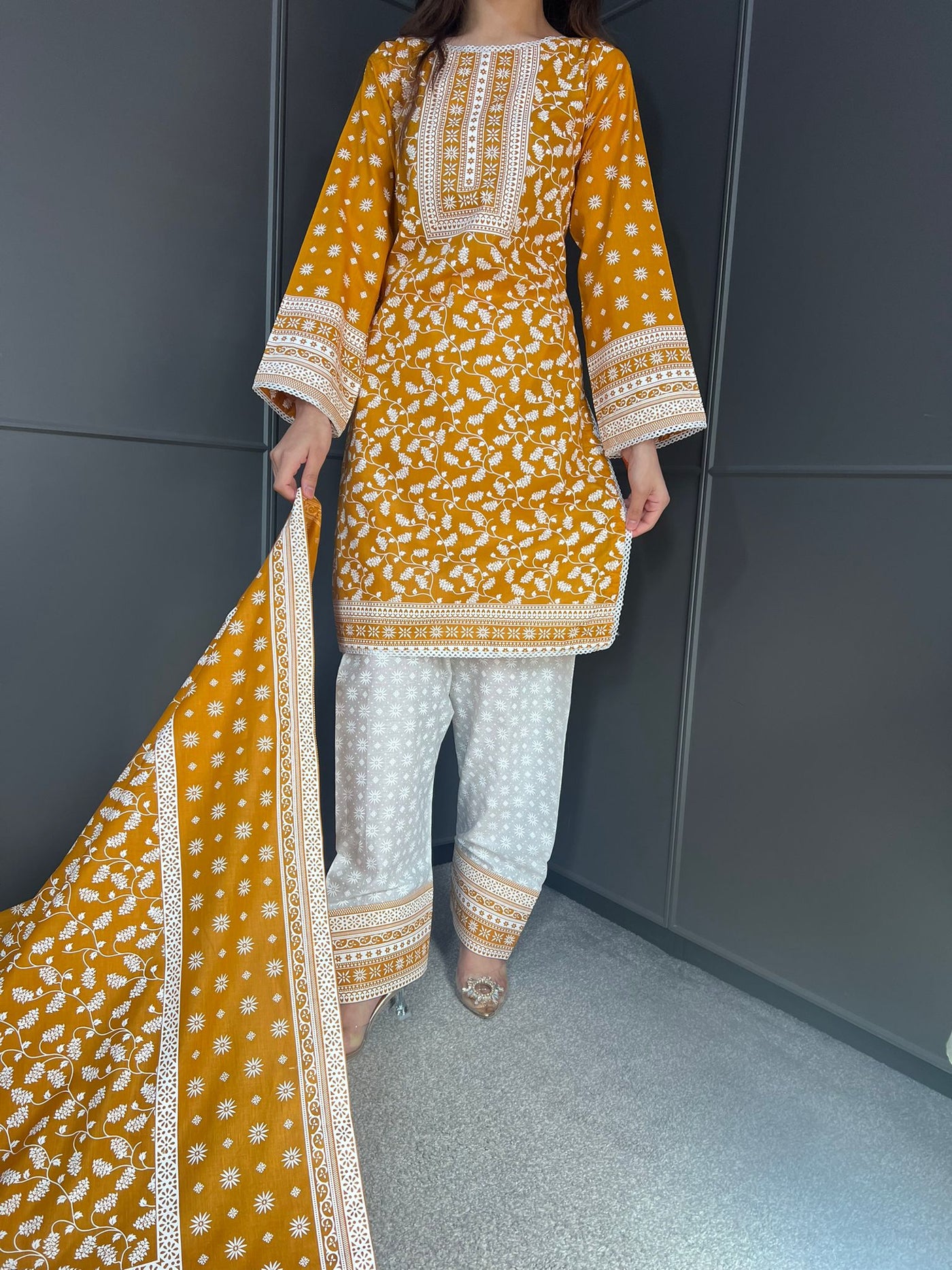 MUSTARD FARSHI SALWAR 3PC READYMADE SUIT  WITH LAWN DUPTTA