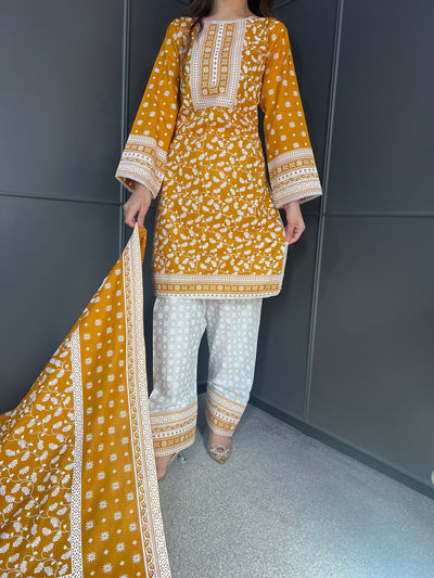 MUSTARD FARSHI SALWAR 3PC READYMADE SUIT  WITH LAWN DUPTTA