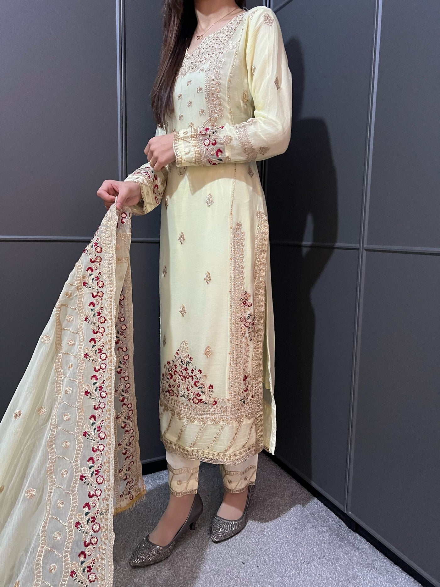 Yellow Embroidered Chiffon Mother & Daughter Ready to Wear Collection - Perfect for Family Outfits