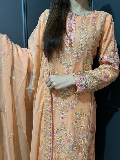 Peach Embroidered Chiffon Mother & Daughter Ready to Wear Collection - Perfect for Family Outfits