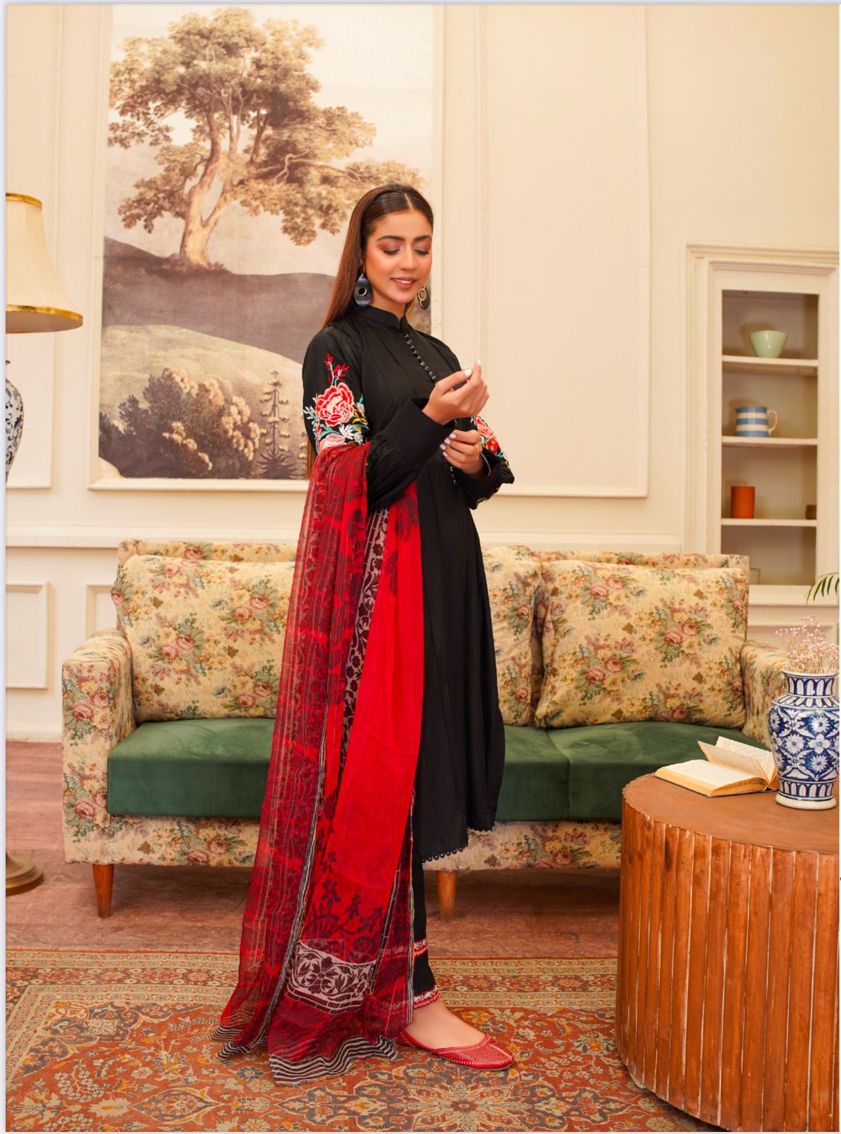 D-6 Embroidered Stone Linen Suit with Chiffon Dupatta - 3 Piece Set