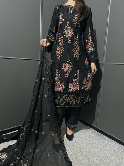 D-6 BLACK 3Pc Embroidered Chiffon Collection With Embroidered Chiffon Duptta