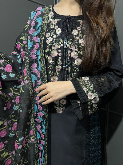 Black - Viscose Embroidered Plazzo | Suit With Embroidered | Organza Dupatta
