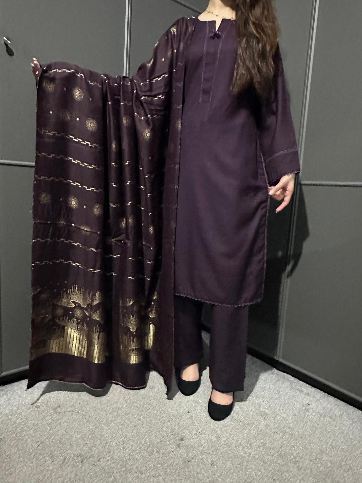 PLUM  3 PIECE PLAIN | DHANAK READY TO WEAR | SUIT WITH SHAWAL