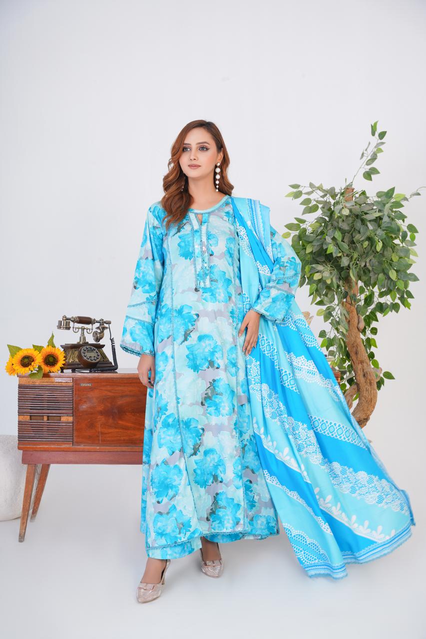 3 Pc Floral Printed Winter Linen Frock With Linen Dupatta D-302