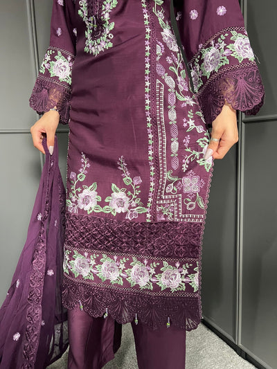 Plum - Viscose Embroidered Plazzo | Suit With Embroidered | Chiffon Dupatta
