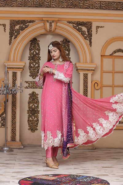 Pink Stitched 3 Piece Luxury Chiffon Maxi  D-224