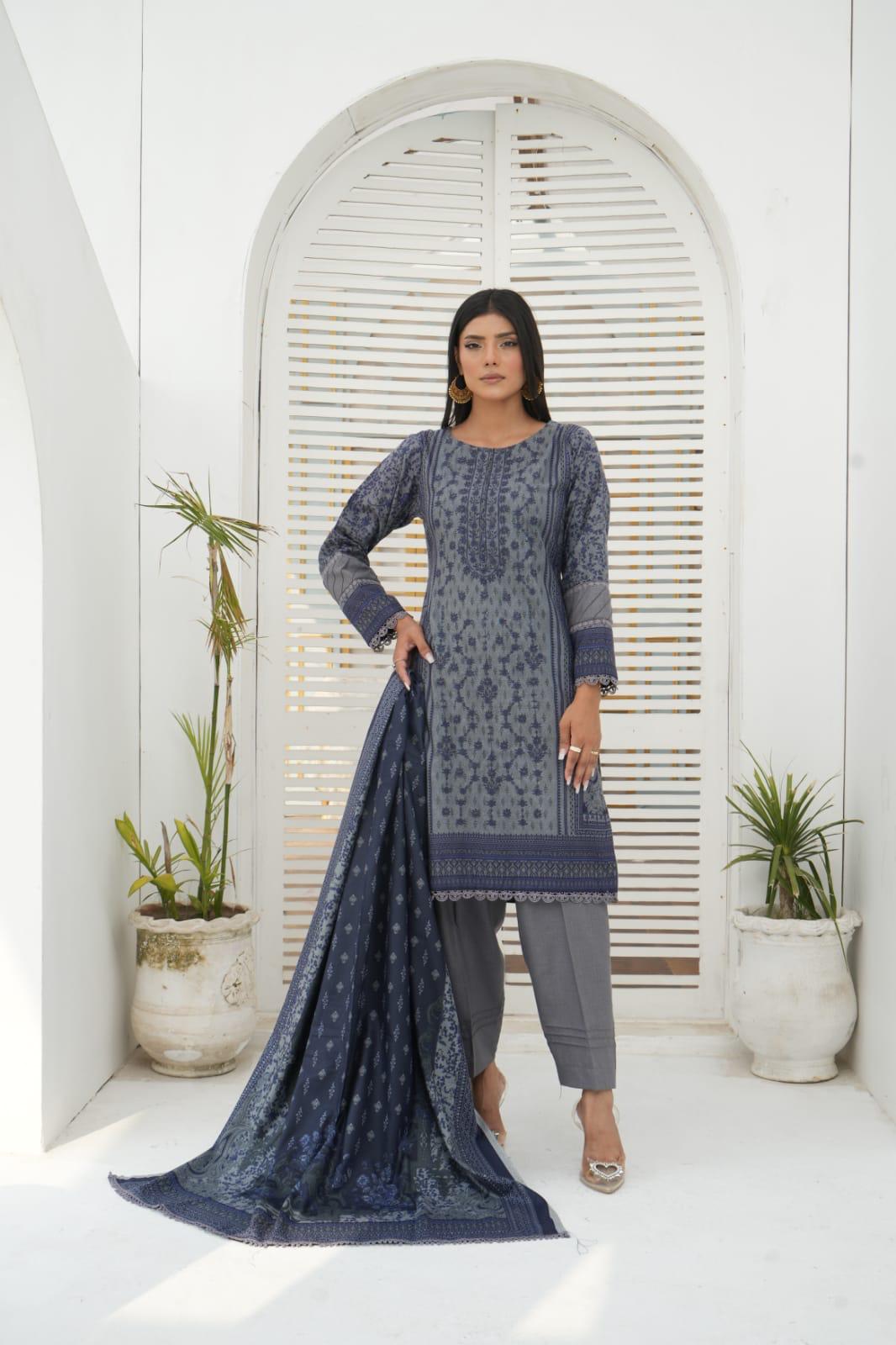 GREY 3 PIECE EMBROIDERED DHANAK READY TO WEAR SUIT-D-702