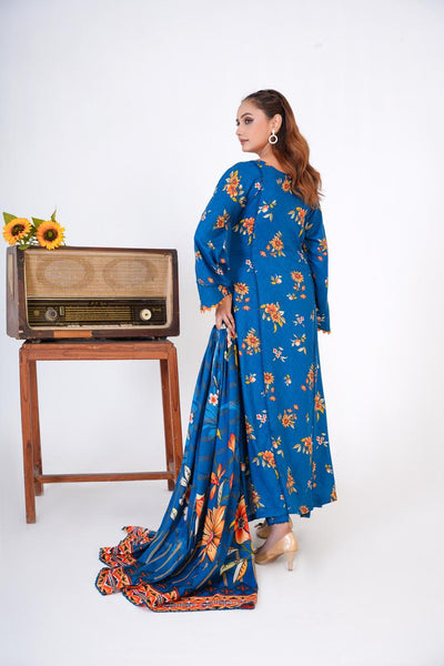 3 Pc Floral Printed Winter Linen Frock With Linen Dupatta D-307