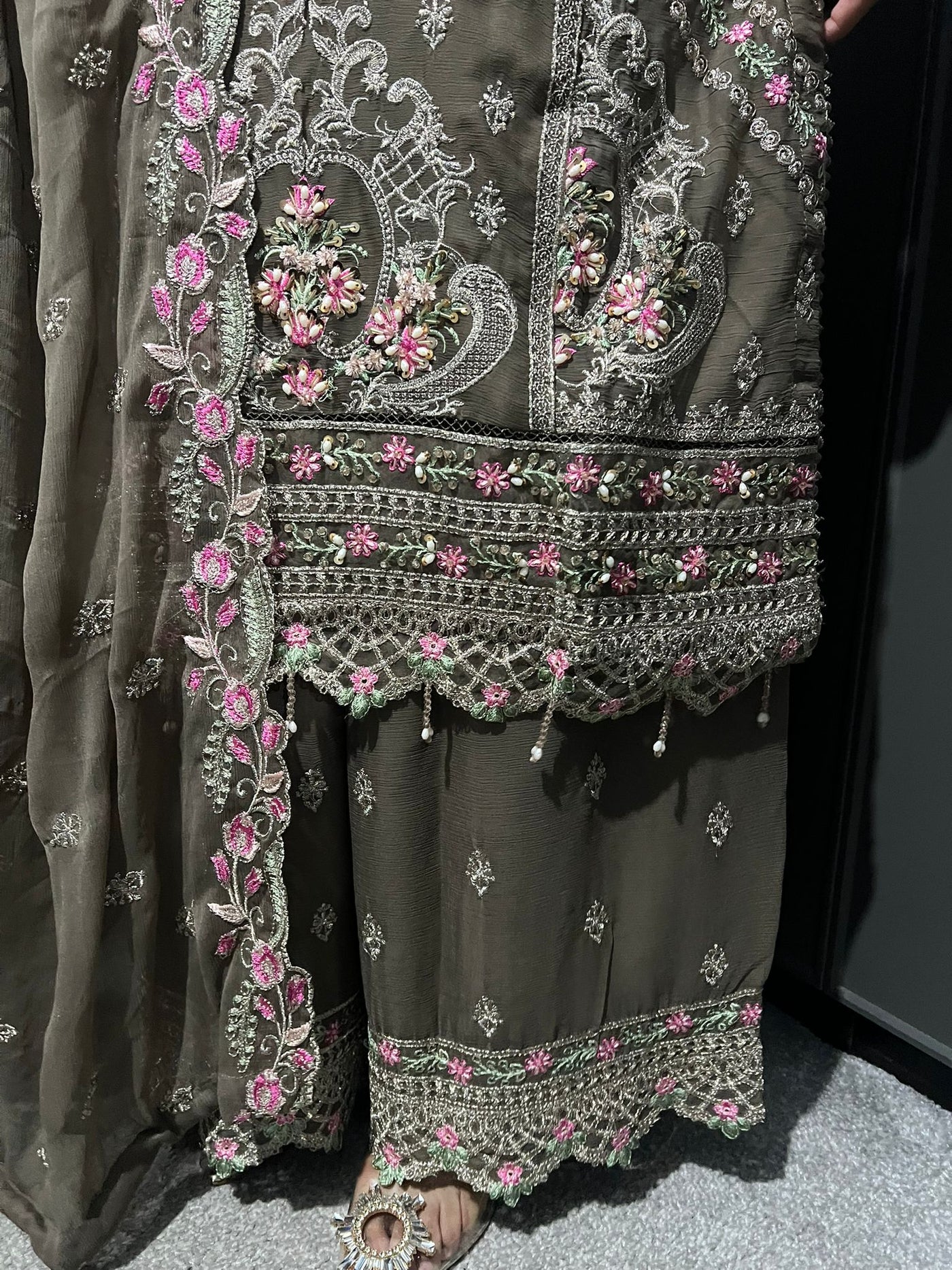 Beige 3Pc Plazzo Embroidered Chiffon Collection With Embroidered Chiffon Dupatta
