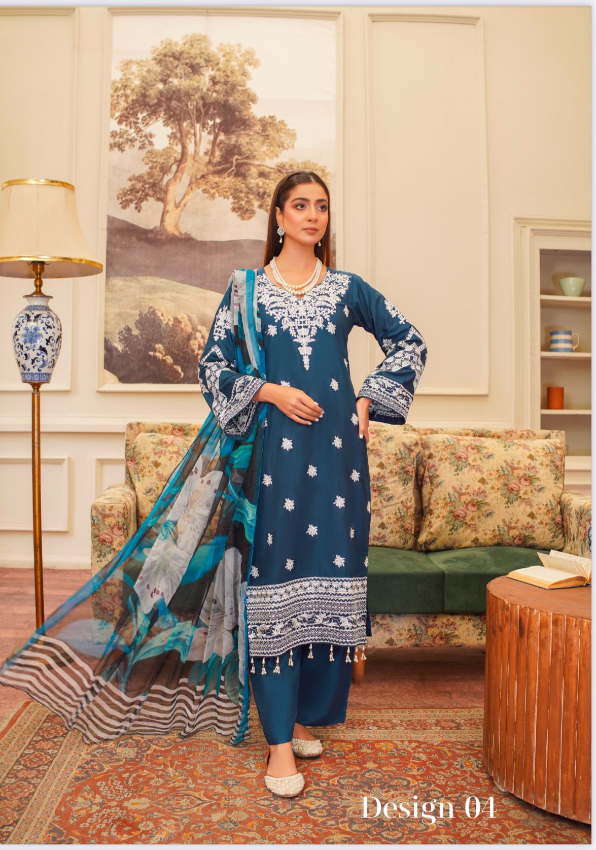 D-4 Embroidered Stone Linen Suit with Chiffon Dupatta - 3 Piece Set