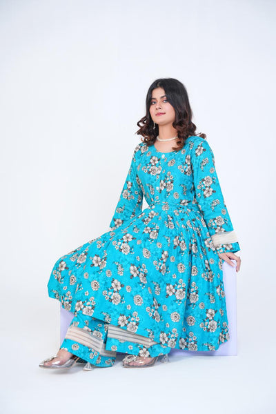 3 Pc Floral Printed Winter Linen Frock With Linen Dupatta D-208