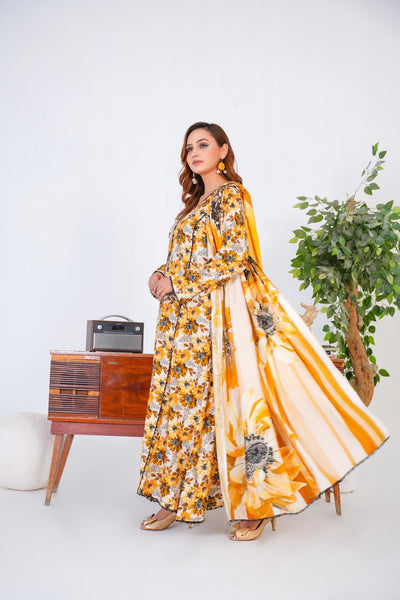 3 Pc Floral Printed Winter Linen Frock With Linen Dupatta D-602