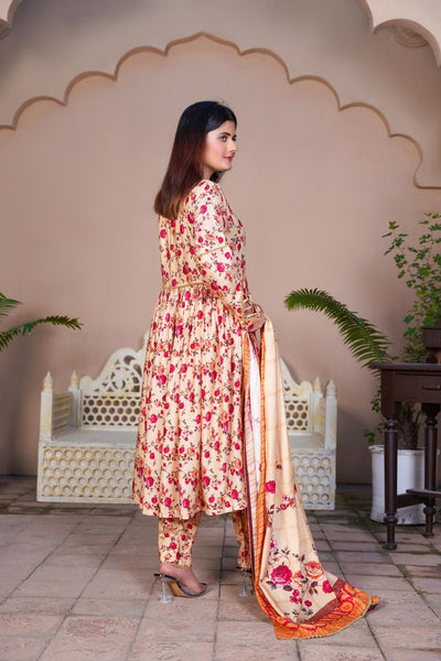 3 Pc Floral Printed Winter Linen Frock With Linen Dupatta D-209