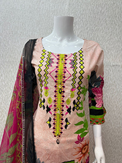 3Pc Lawn Designer Embroidered With Chiffon Dupatta D-739